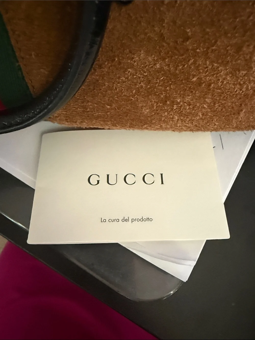Gucci Brown Suede Top-Handle Bag with Black Trim and Green-Red Web